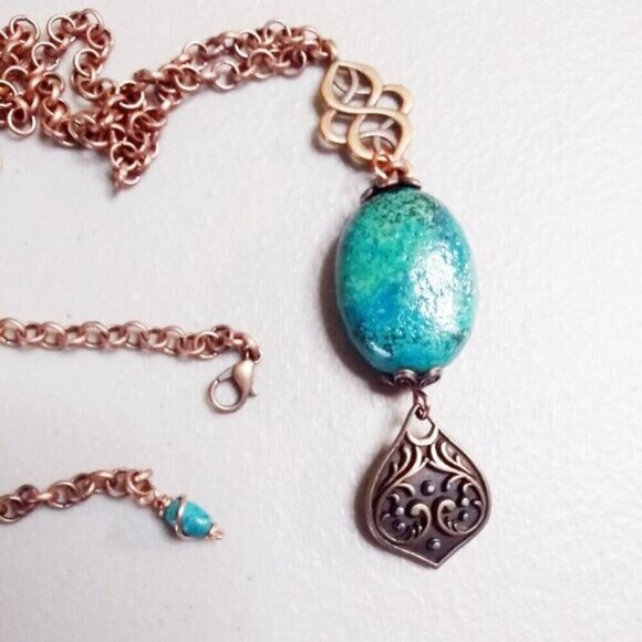 Chrysacolla! Ornate + Heavy Copper Statement Y Necklace - Perfect Fall Necklace! - Picture 1 of 8